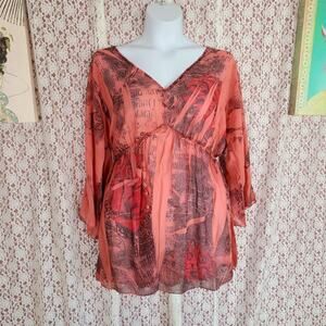 Daniel Benjamin orange sheer billowing blouse large